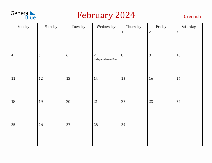 Grenada February 2024 Calendar - Sunday Start