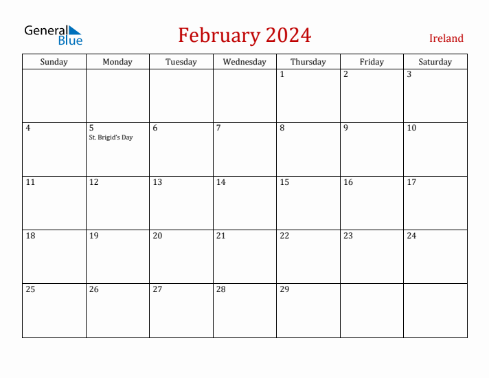 Ireland February 2024 Calendar - Sunday Start