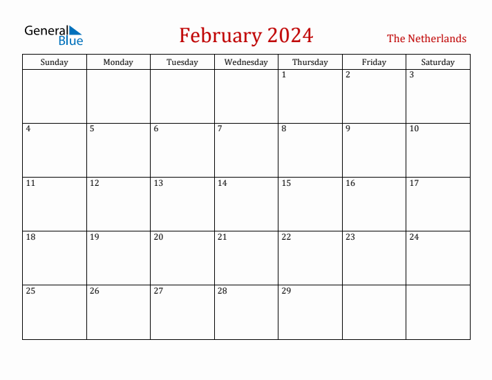 The Netherlands February 2024 Calendar - Sunday Start