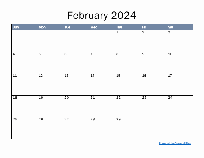 February 2024 Simple Month Calendar Template