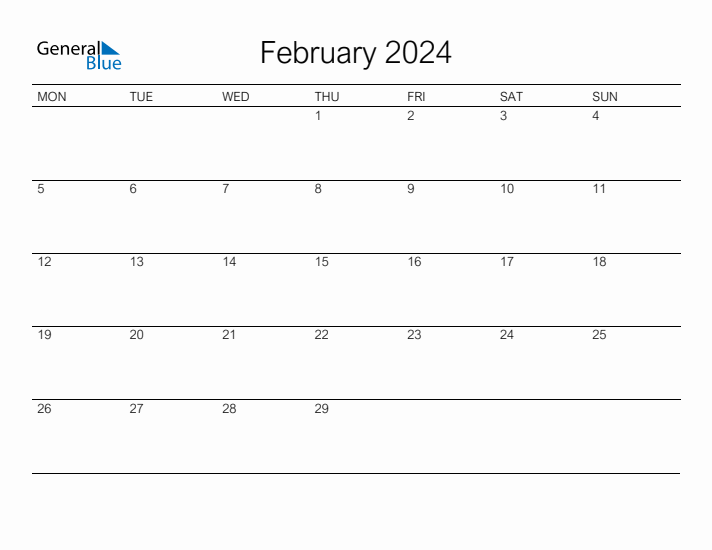 Printable February 2024 Calendar - Monday Start