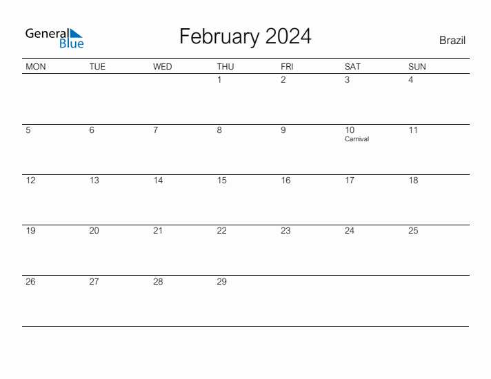 Printable February 2024 Calendar for Brazil