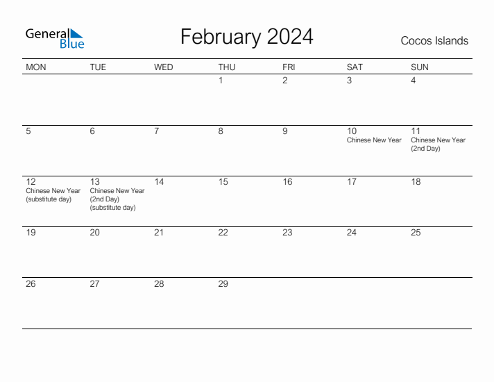 Printable February 2024 Calendar for Cocos Islands