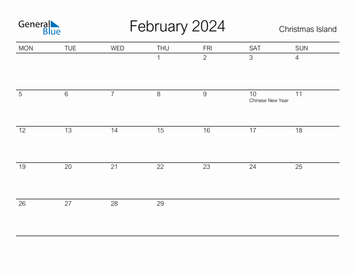 Printable February 2024 Calendar for Christmas Island