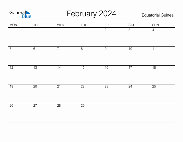 Printable February 2024 Calendar for Equatorial Guinea