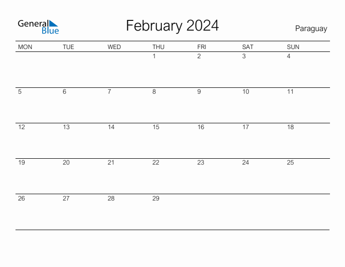 Printable February 2024 Calendar for Paraguay