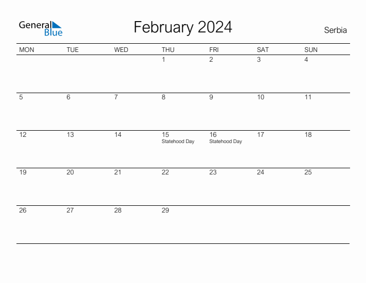 Printable February 2024 Calendar for Serbia