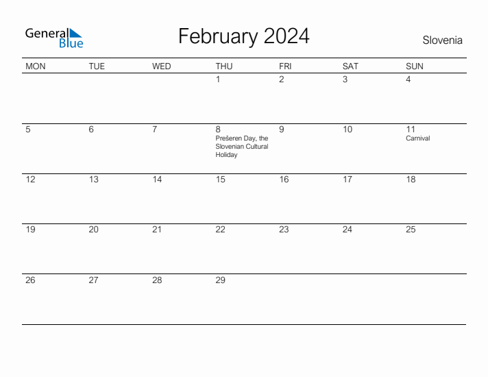 Printable February 2024 Calendar for Slovenia