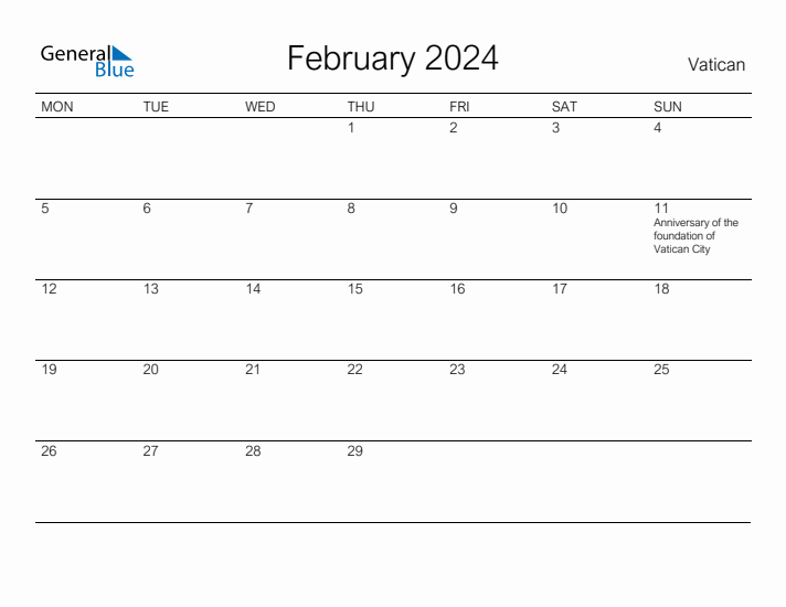 Printable February 2024 Calendar for Vatican