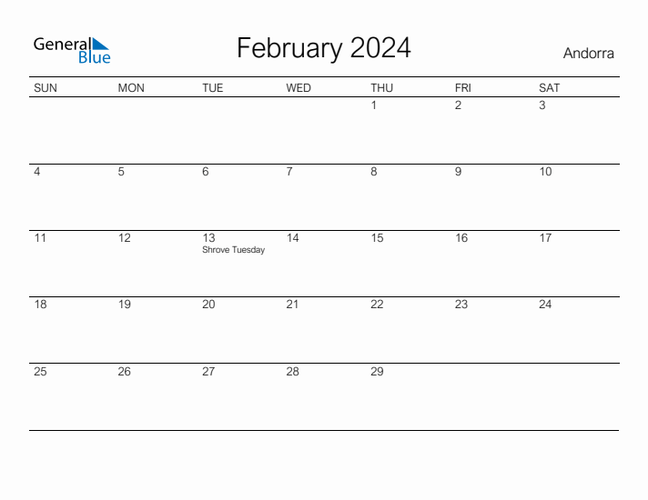 Printable February 2024 Calendar for Andorra