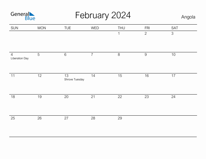 Printable February 2024 Calendar for Angola