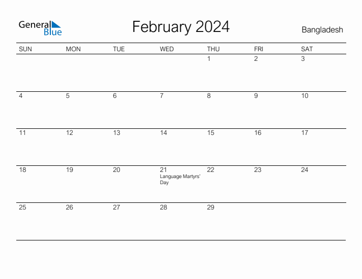 Printable February 2024 Calendar for Bangladesh