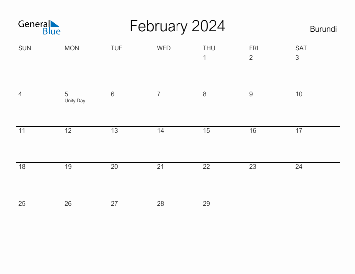 Printable February 2024 Calendar for Burundi