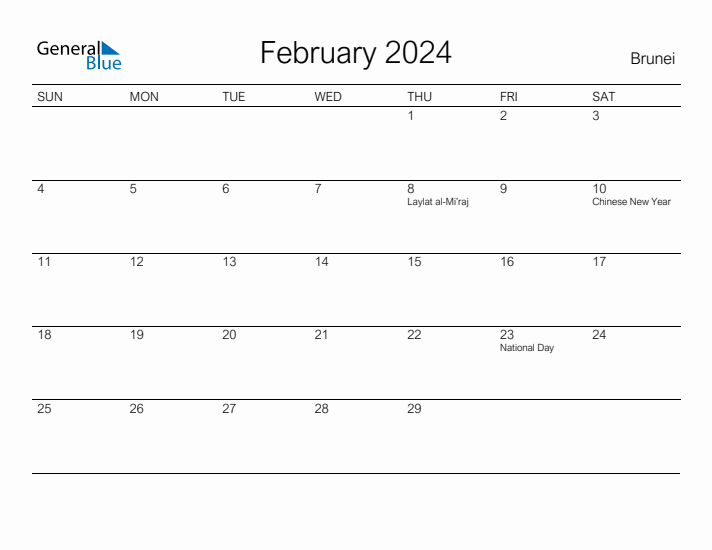 Printable February 2024 Calendar for Brunei