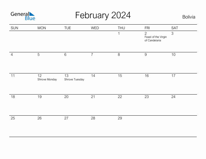 Printable February 2024 Calendar for Bolivia