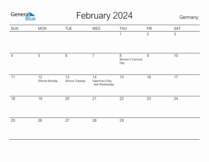 Printable February 2024 Calendar for Germany