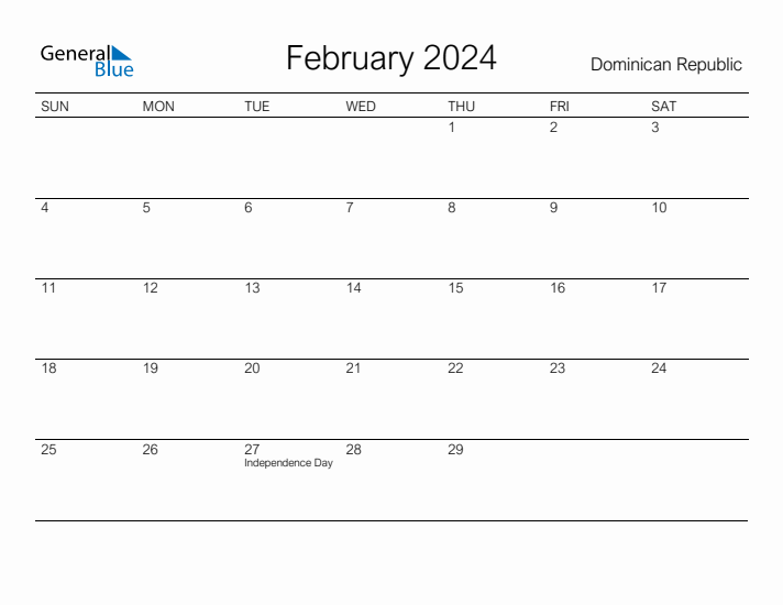 Printable February 2024 Calendar for Dominican Republic