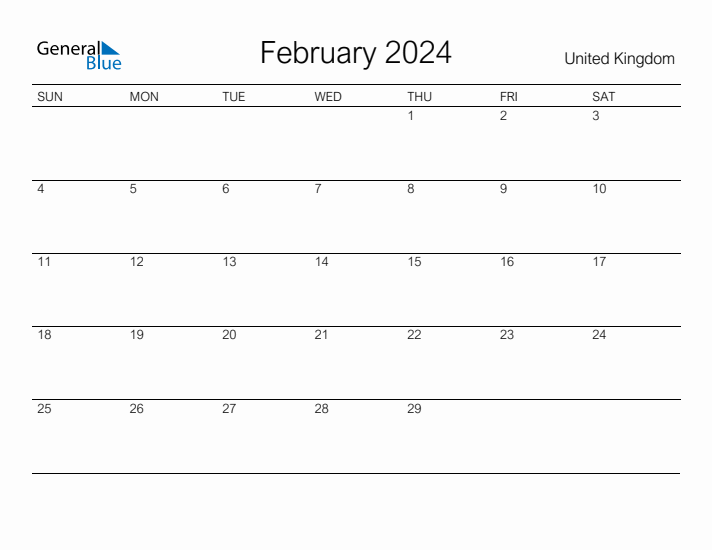 Printable February 2024 Calendar for United Kingdom