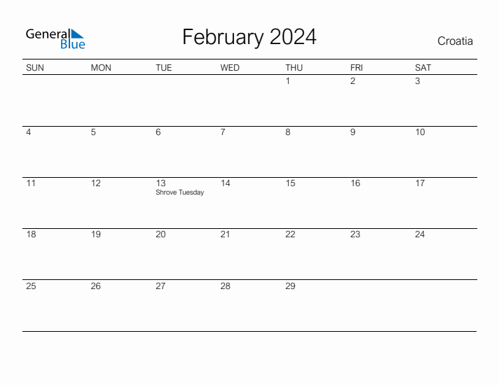 Printable February 2024 Calendar for Croatia