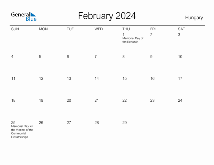 Printable February 2024 Calendar for Hungary