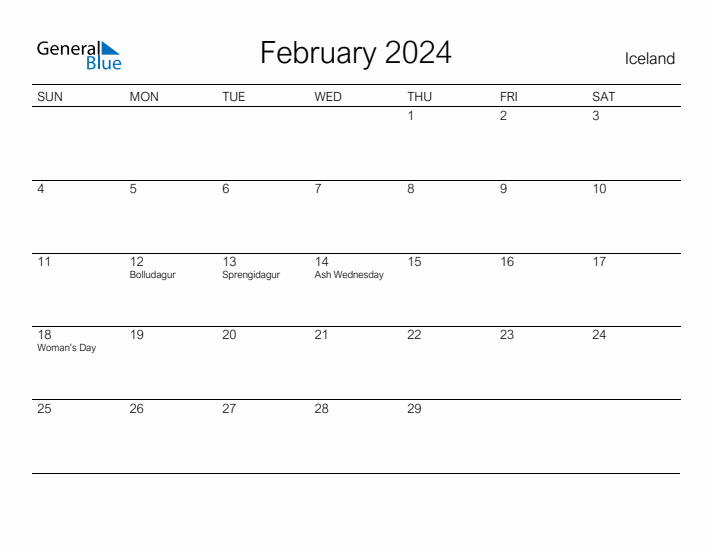 Printable February 2024 Calendar for Iceland