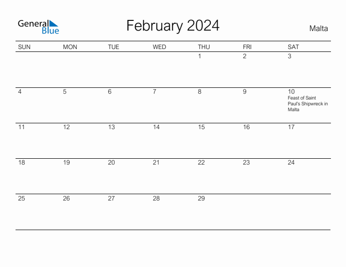 Printable February 2024 Calendar for Malta