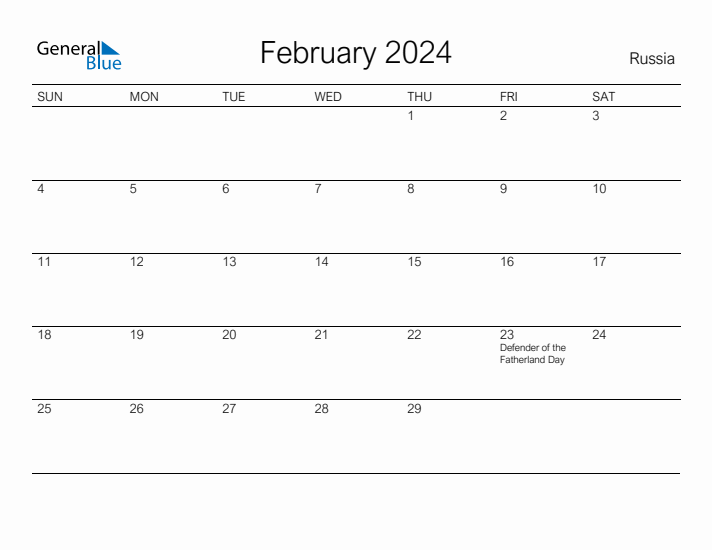 Printable February 2024 Calendar for Russia