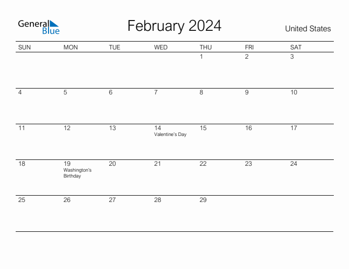 Printable February 2024 Calendar for United States