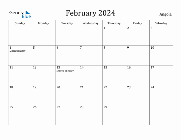 February 2024 Calendar Angola