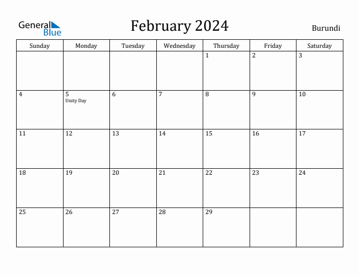 February 2024 Calendar Burundi