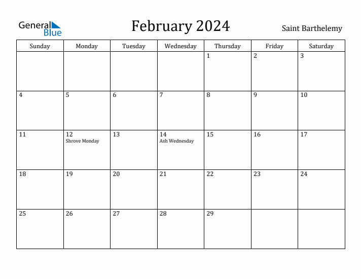 February 2024 Calendar Saint Barthelemy