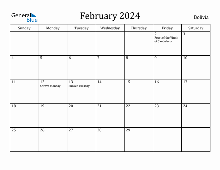 February 2024 Calendar Bolivia