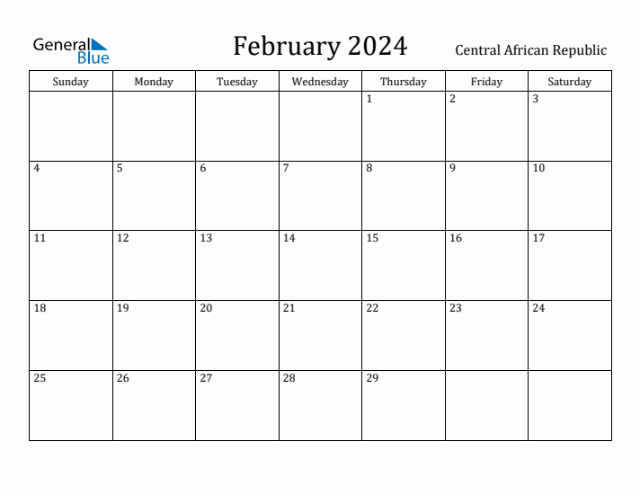 February 2024 Calendar Central African Republic