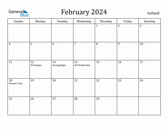 February 2024 Calendar Iceland