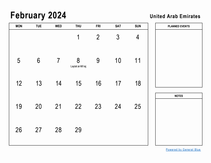 February 2024 Printable Monthly Calendar with United Arab Emirates Holidays