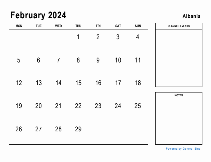 February 2024 Printable Monthly Calendar with Albania Holidays