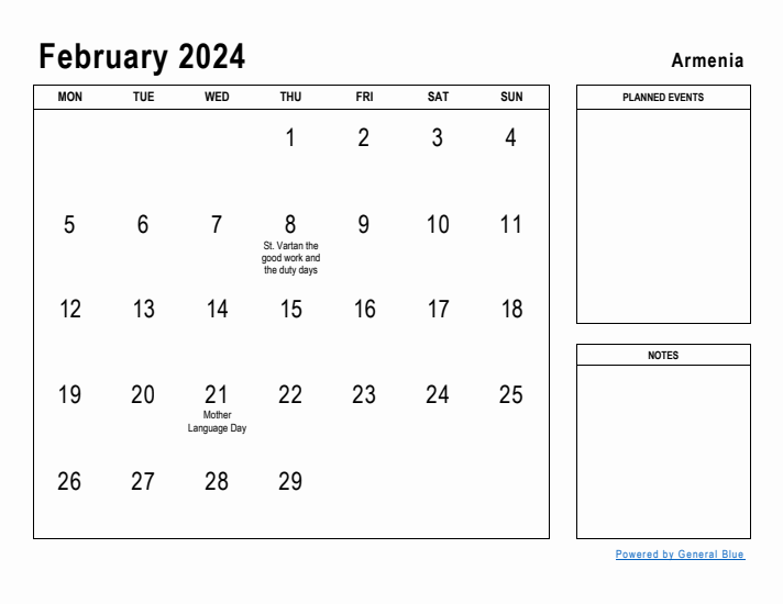 February 2024 Printable Monthly Calendar with Armenia Holidays