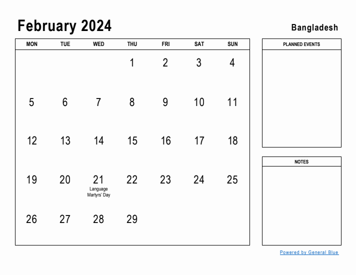 February 2024 Printable Monthly Calendar with Bangladesh Holidays