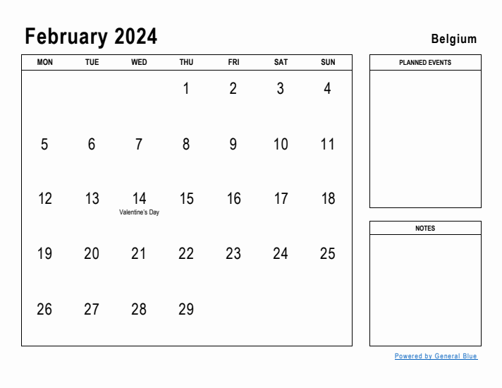 February 2024 Printable Monthly Calendar with Belgium Holidays