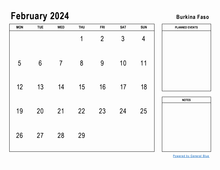 February 2024 Printable Monthly Calendar with Burkina Faso Holidays