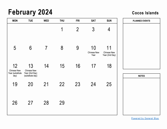 February 2024 Printable Monthly Calendar with Cocos Islands Holidays