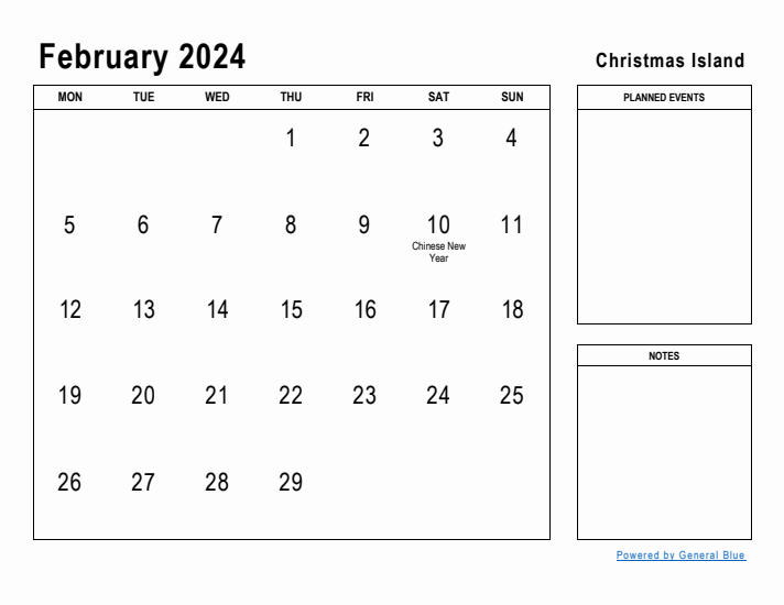 February 2024 Printable Monthly Calendar with Christmas Island Holidays