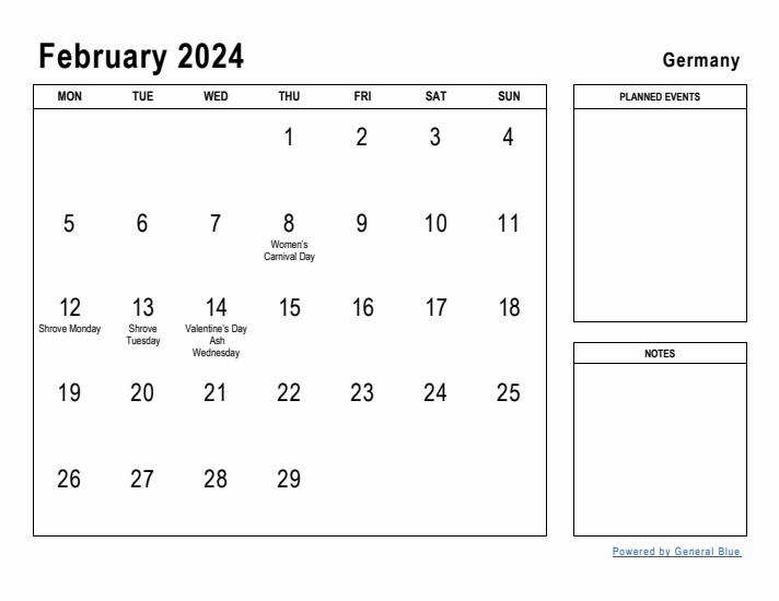 February 2024 Printable Monthly Calendar with Germany Holidays