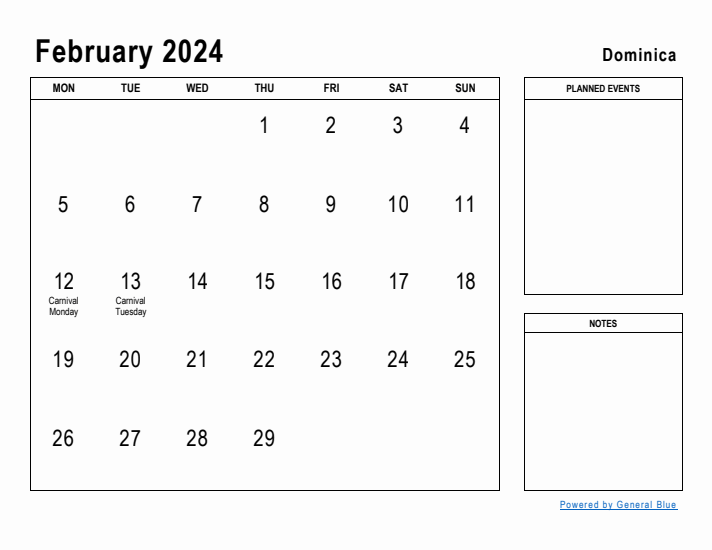 February 2024 Printable Monthly Calendar with Dominica Holidays