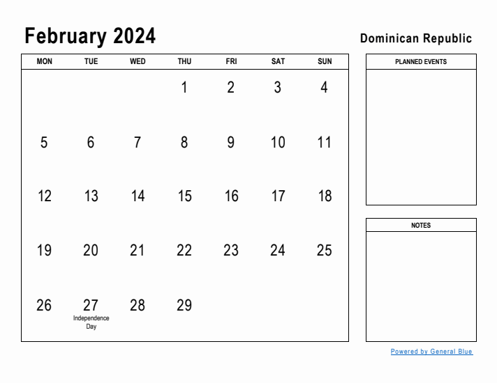 February 2024 Printable Monthly Calendar with Dominican Republic Holidays