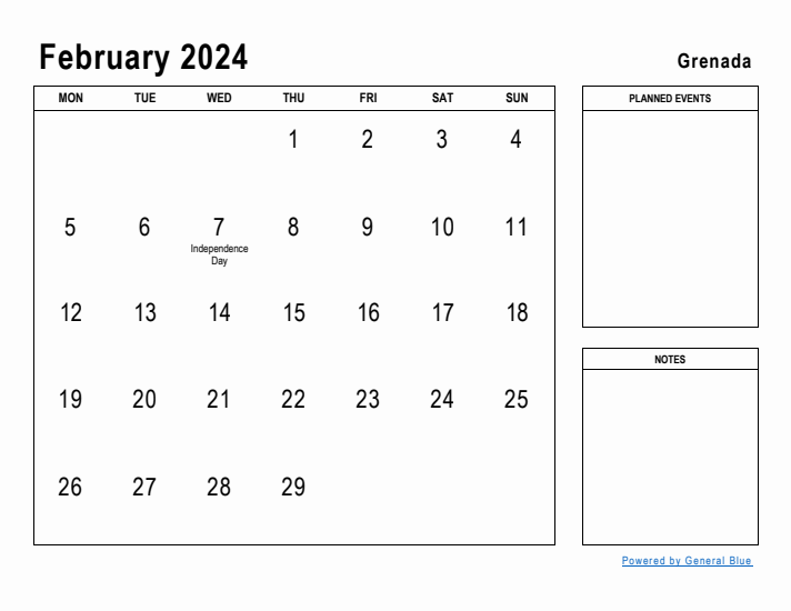 February 2024 Printable Monthly Calendar with Grenada Holidays