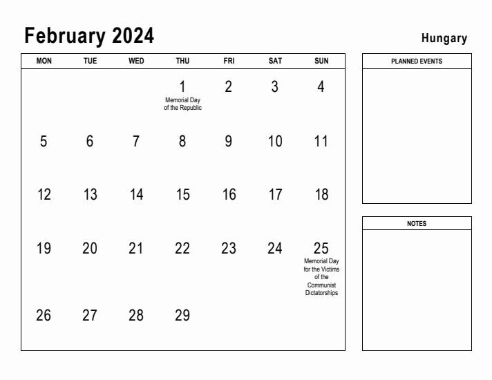 February 2024 Printable Monthly Calendar with Hungary Holidays