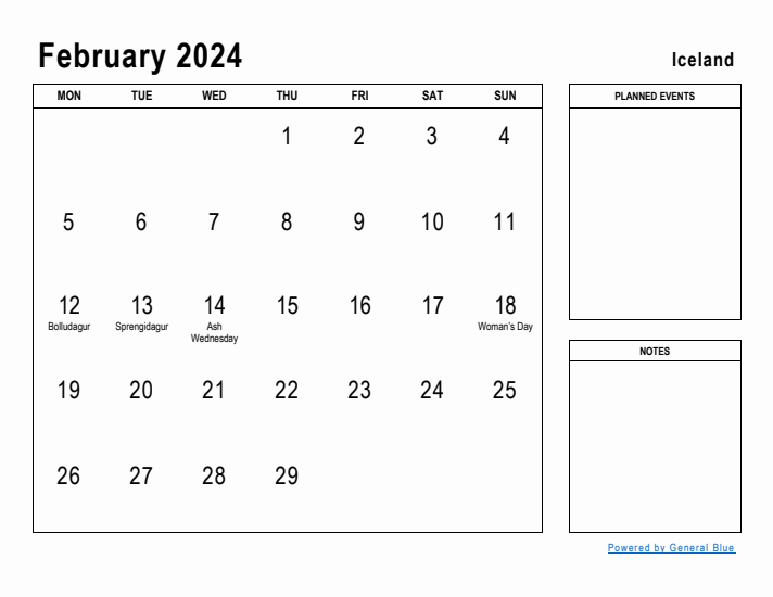 February 2024 Printable Monthly Calendar with Iceland Holidays