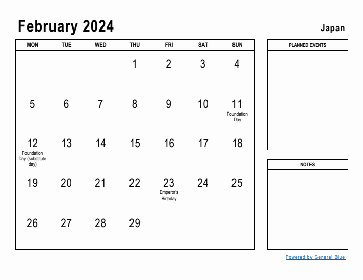 February 2024 Printable Monthly Calendar with Japan Holidays