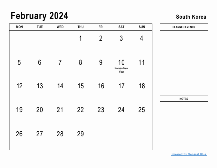 February 2024 Printable Monthly Calendar with South Korea Holidays